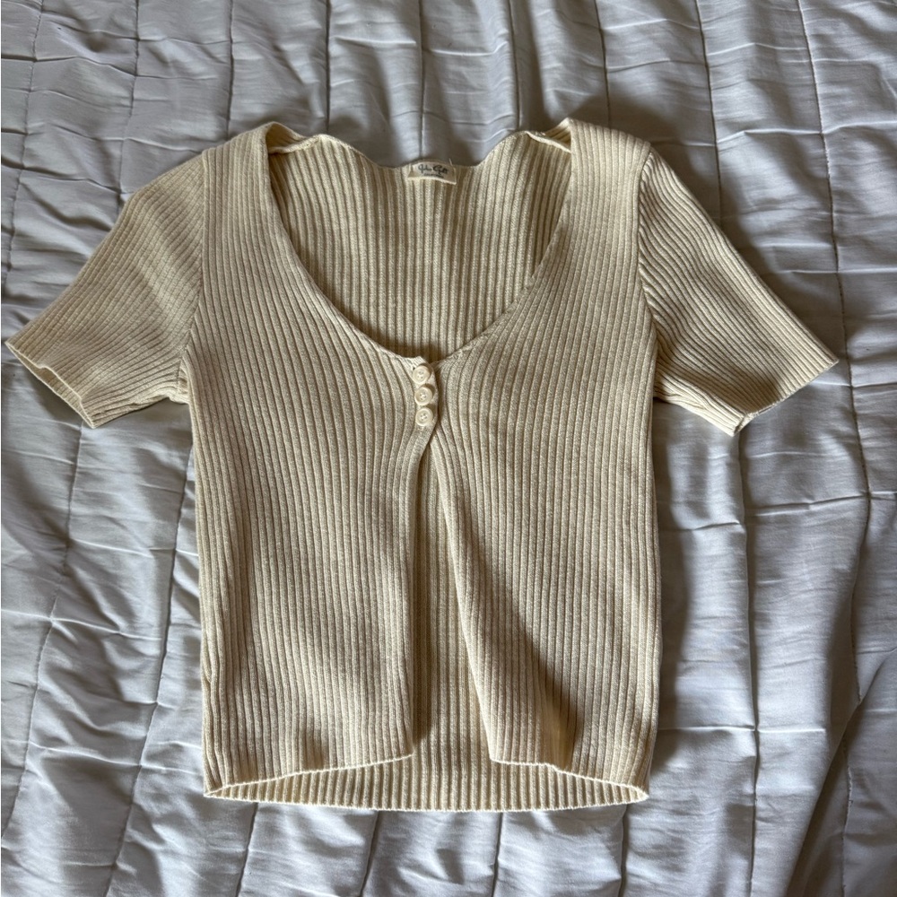Brandy Melville Cream Ribbed Knit Button-Up Top